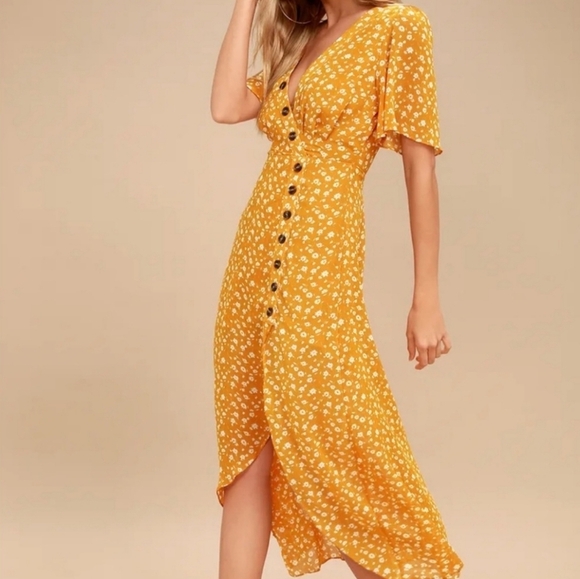 NWT Lulu's After-Bloom Delight Golden Yellow Ditsy Floral Print Midi Dress XS - Picture 16 of 16